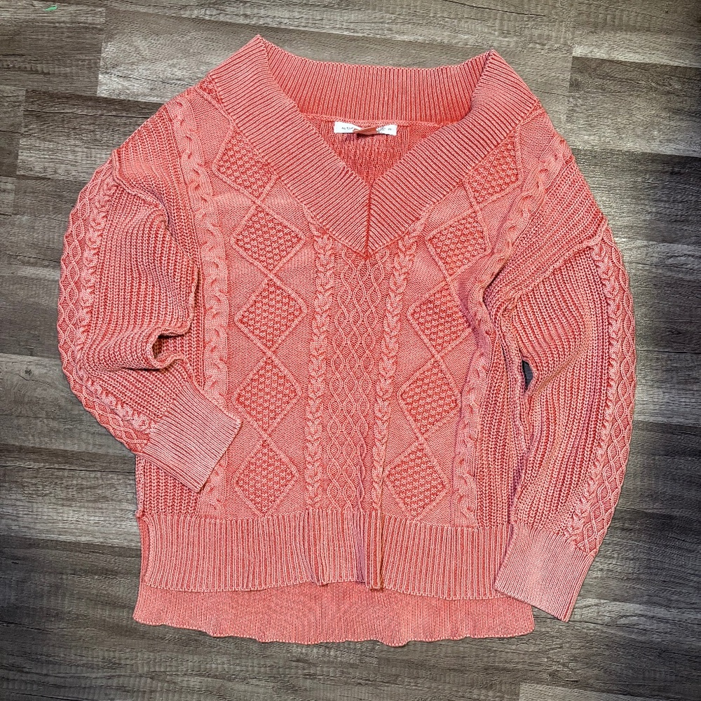Altar’d State Coral Cable Knit Sweater V-Neck Cotton Cozy Cottagecore XS